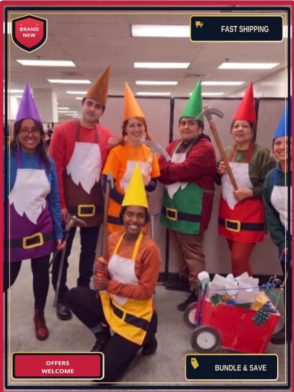 Gnome Costume Set 7 Felt Cone Hats 7 Fiber Cotton Aprons Adult One Size